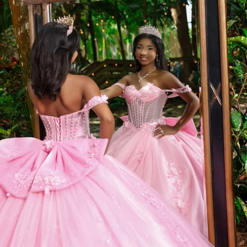

Customized Pink Quinceanera Dresses Off the Shoulder Lace ruffle applique 3D flower Long tail Bow Vestido 15 Quinceanera