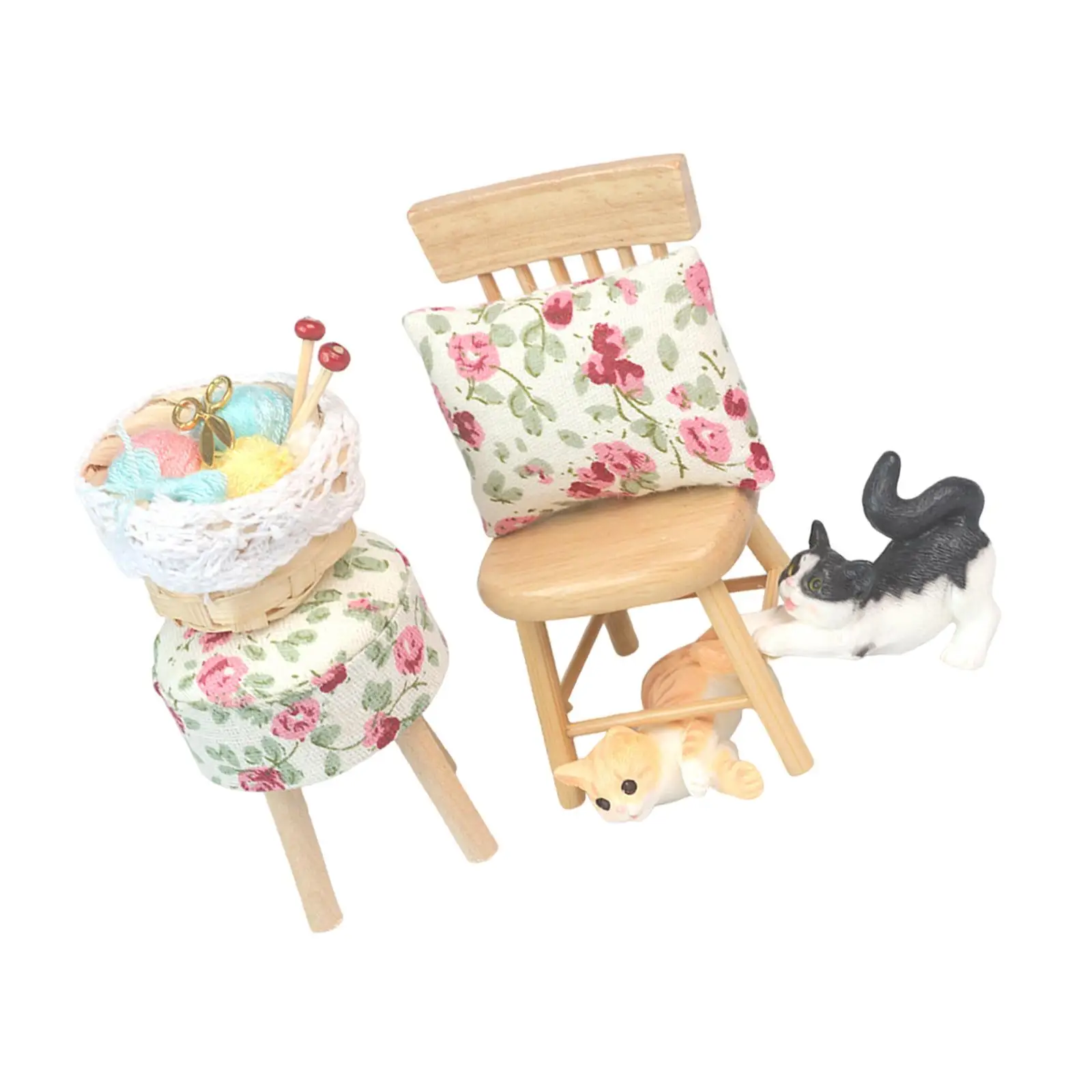 1:12 Dollhouse Miniature Chair Set Wooden Furniture Set DIY Playset Mini Round Stool Chair Toy Dollhouse Accessories for Kids