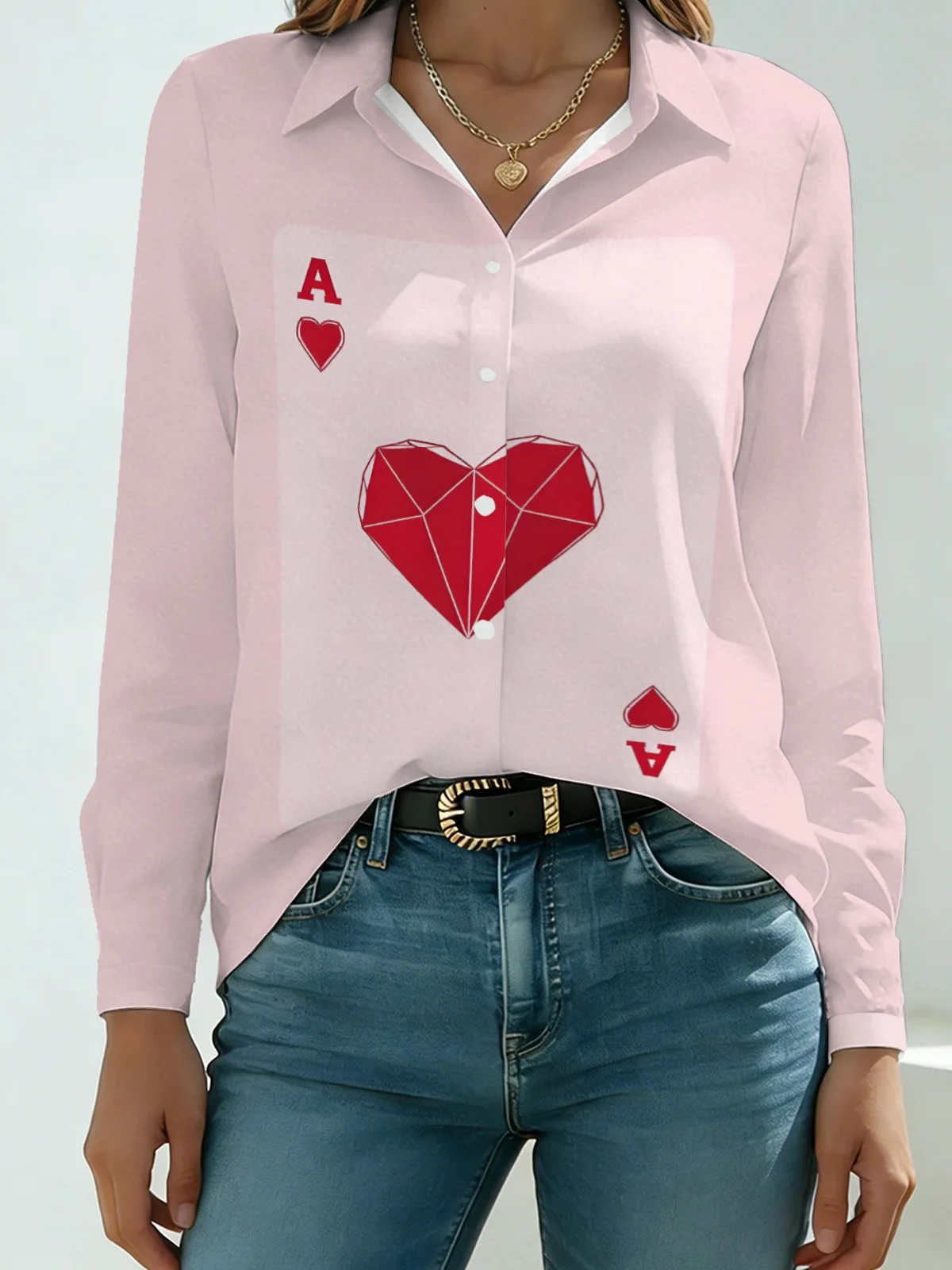 Sweet Chic Heart A Womens Collared Shirt Pastel Pink Base Geometric Red Poker Heart Allover Print Long Sleeve Night Club Street