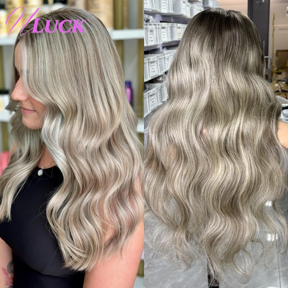 Uluck الجسم موجة الرماد شقراء اللون 13x6 الدانتيل الباروكة الأمامية Preplucked 100% البرازيلي ريمي خصلات الشعر المستعار الإنسان للنساء البيض ارتداء للذهاب