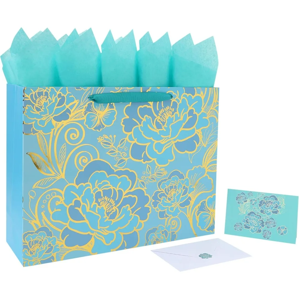 

16.5” Extra Large Rose Green Gift Bag Set with Handles, Greeting Card, Tissue Papers and Stickers for Women Girls for Birthday,