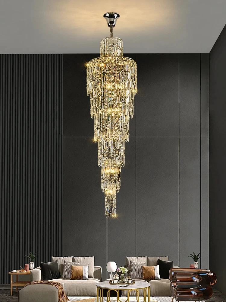 

Villa Living Room Crystal Chandelier Hotel Hall Luxury Lighting For Duplex Floor Rotating Staircase Long Chandelier Decoration