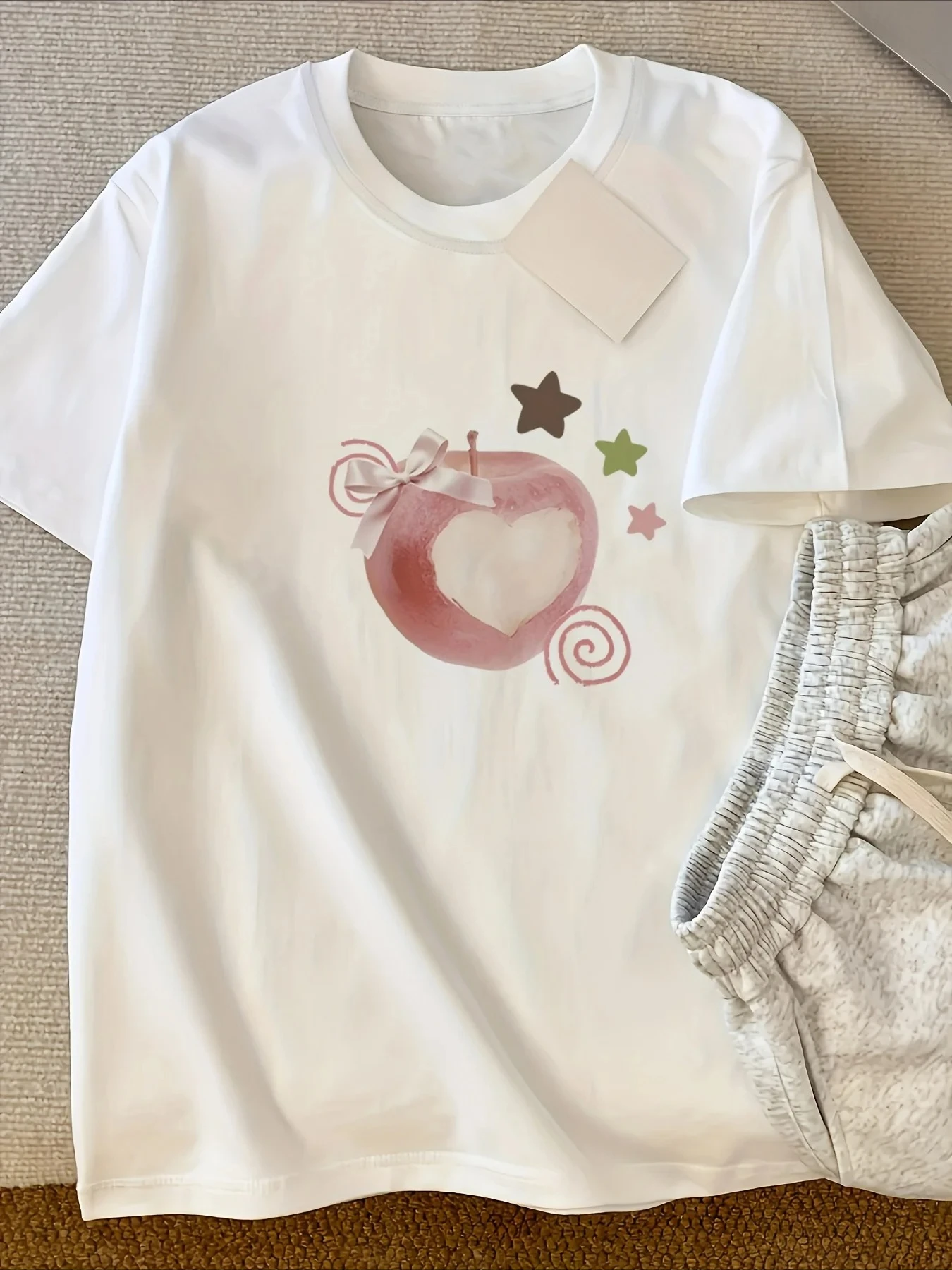 Women's  White TShirt Pure Summer Top with Red Apple Core Heart Graphic Fashion Harajuku Kawaii T-shirt Women's Y2K Clothing