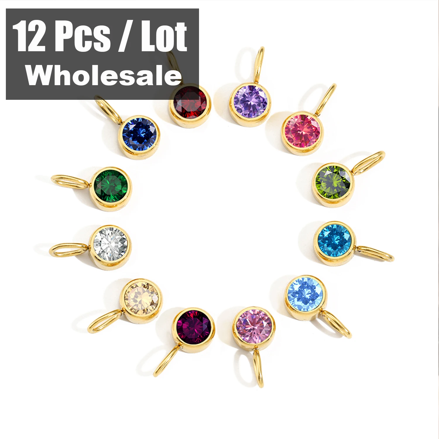 12PCS Birthstone Pendant 12 Months Color Stone DIY Accessories for Necklace Stainless Steel Jewelry Birthday Gift Wholesale