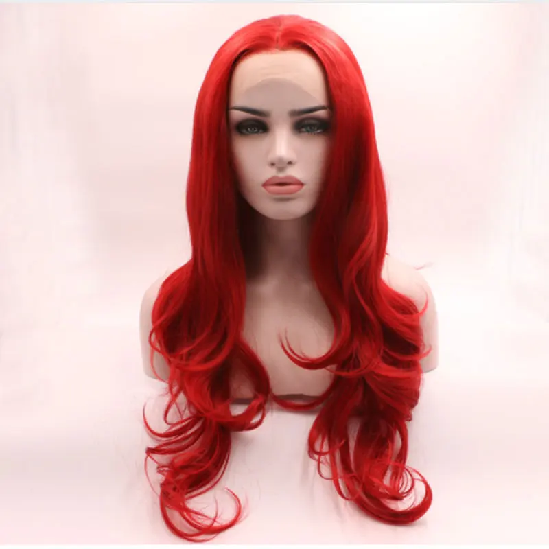 Bright Fire Red Natural Wave Hair Synthetic 13x4 Lace Front Wigs High Quality Heat Resistant Fiber Hair Middle Parting For Women