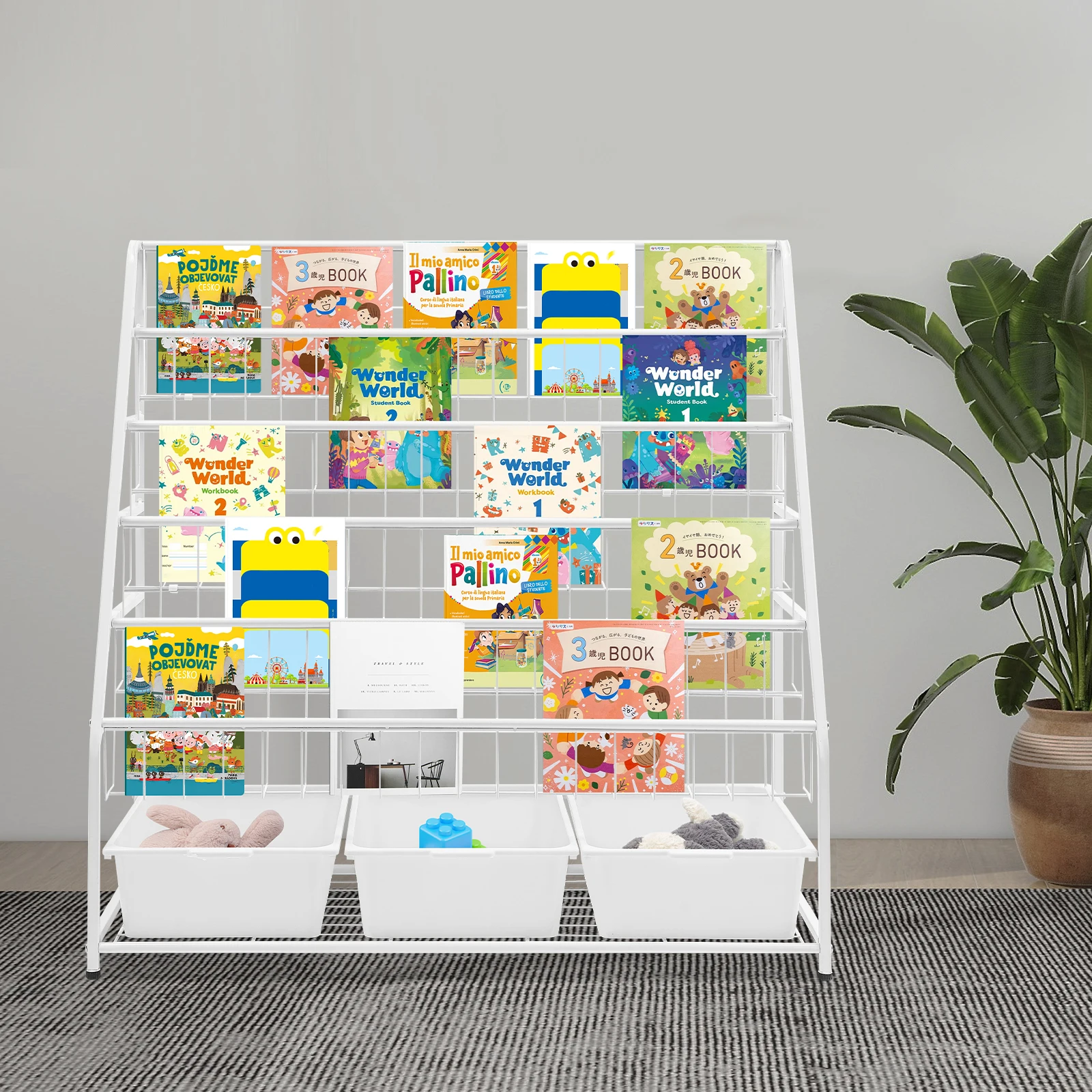 

5-Tier Book Display Rack with 3 Storage Boxes Sturdy Iron Bookshelf for Kids & Adults Space-Saving Floor Standing Bookcase