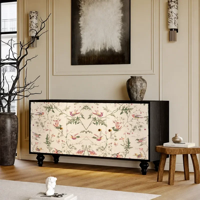 Cream Wind Flower Bird Pattern Solid Wood Sideboard Dining Room Storage Cabinet Kitchen Living Room Wall Mounted Integrated