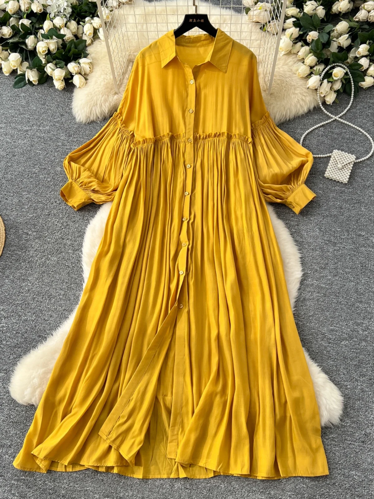 Retro Casual Women's Dress 2025 Spring Loose Slimming Long Shirt Lantern Sleeve Dress Artistic Lazy Style High Waist A-Line S...