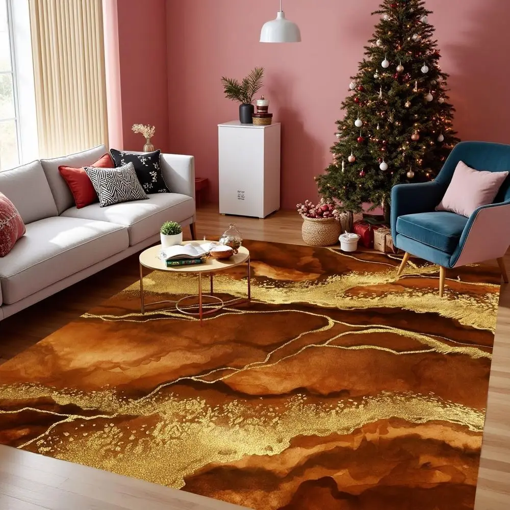 

Unique Abstract Marble Brown and Gold Rug 8x10 Washable Non Shedding Easy Care Pet Friendly Soft Art Deco Carpets for Living Roo