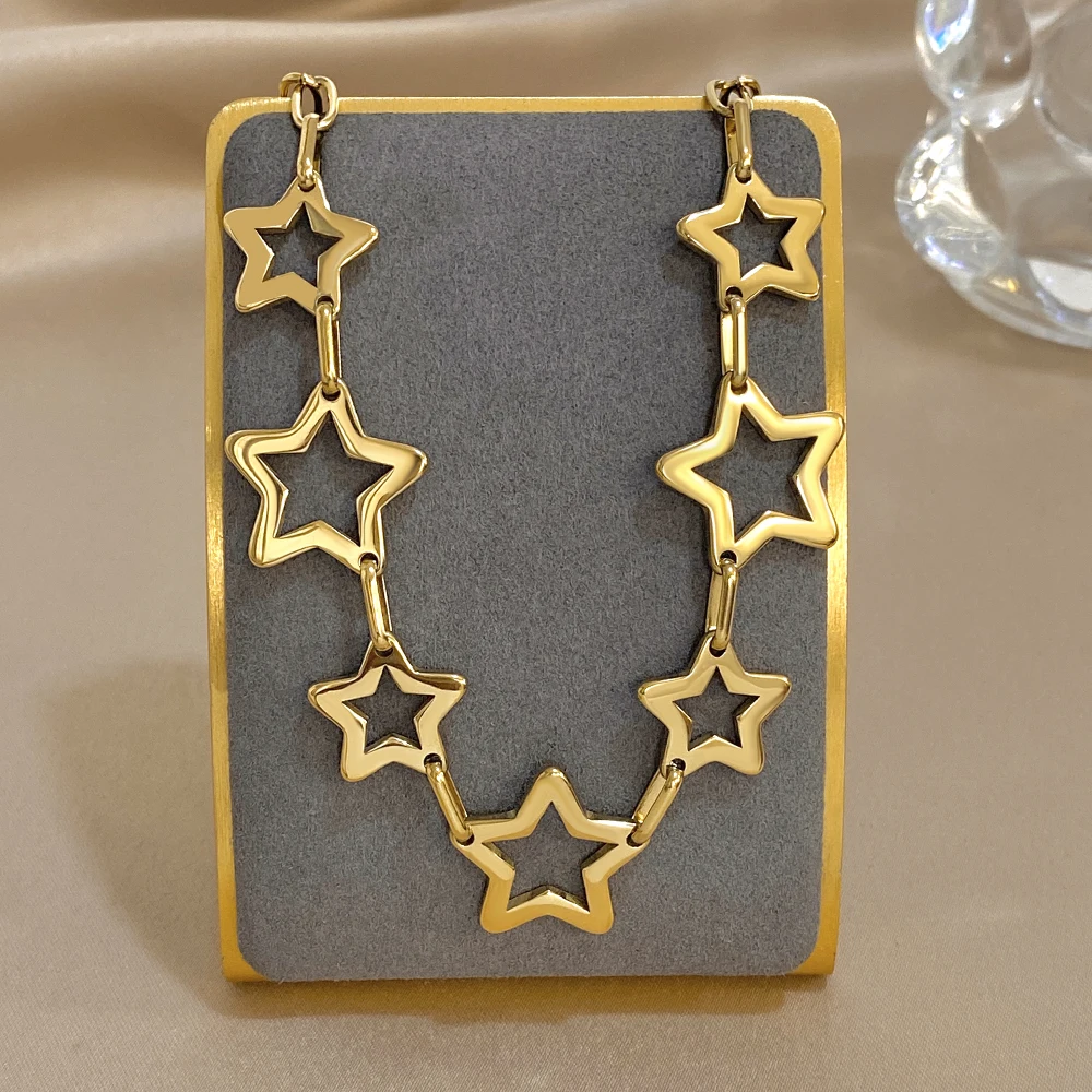 펑크 청키 할로우 스타 두꺼운 체인 스테인리스 스틸 목걸이 여성 남성 패션 금도금 스타 칼라 목걸이 주얼리