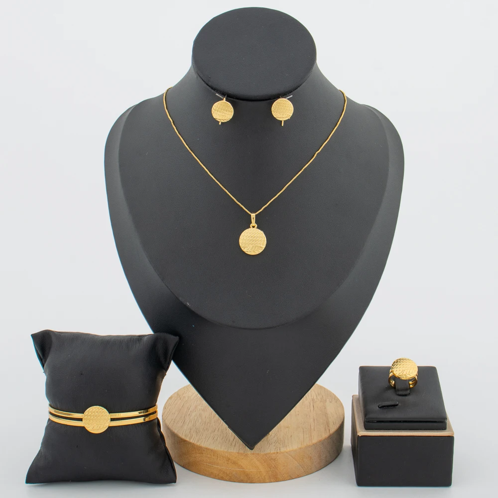 

African Girls Gold Color Jewelry Set for Party Small Earrings and Necklace Bangle Ring 4Pcs Set for Party Jewelry Accessories