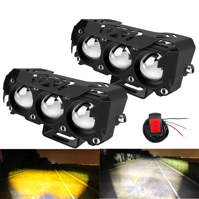 Motorcycle LED Spotlight Dual Color Hi/Low Beam Fog Lamps for Car Trucks SUV UTV 12V 24VMini Lens Headlight Driving Light