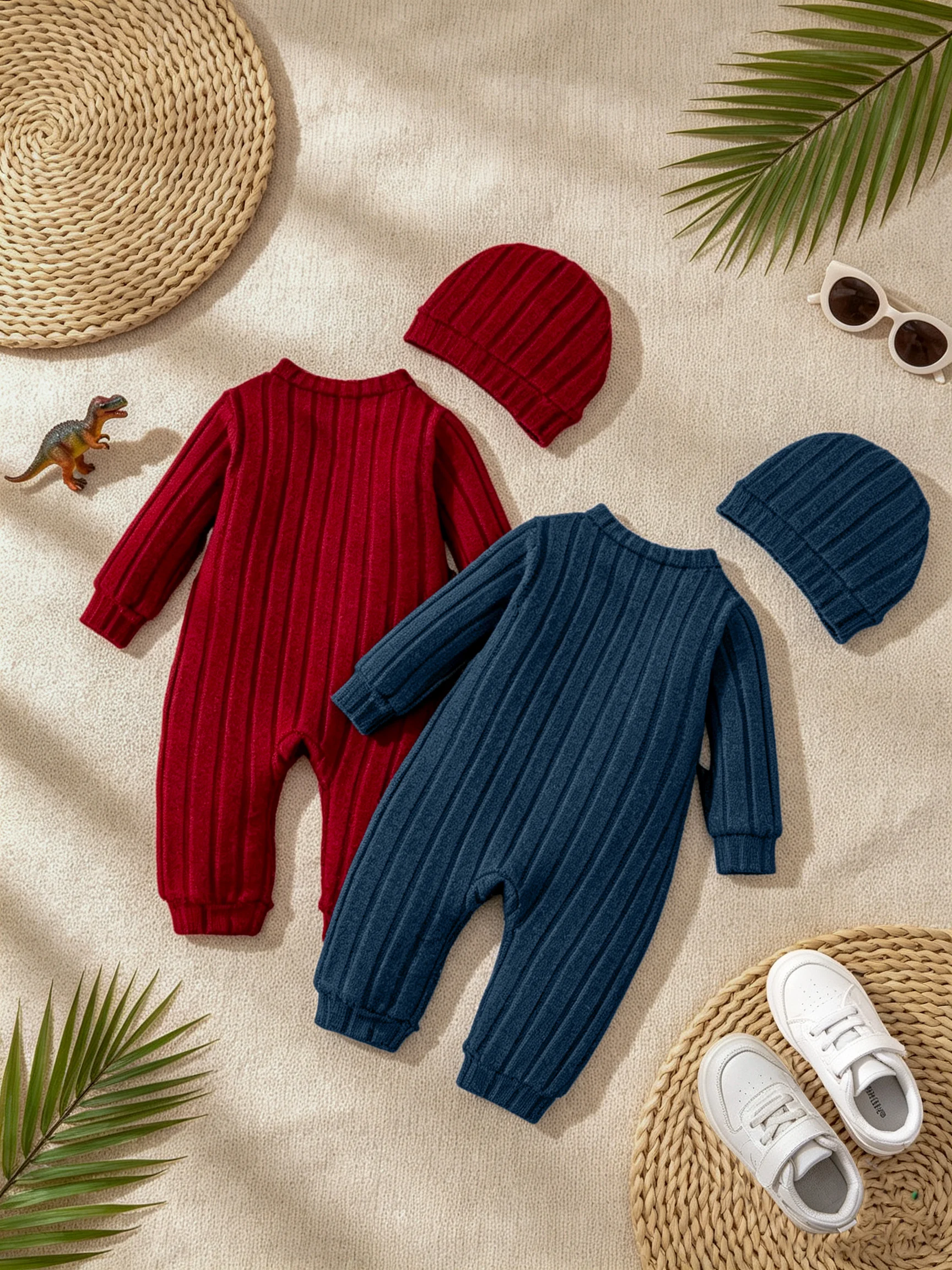 【Bebé niño】 Mono rojo de otoño e invierno con botones delanteros de un solo pecho y lindo insignia de oso en el pecho + conjunto de sombrero rojoConjunto de una cintura