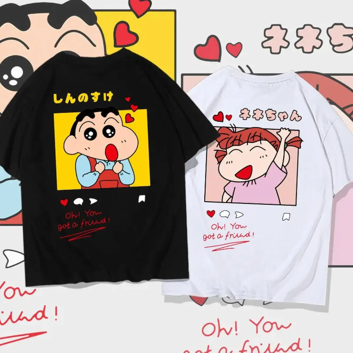 2026 Summer Crayon Shin Chan Nene Chan Print Cotton Loose Men T Shirt Retro Y2K Friendship Graphic