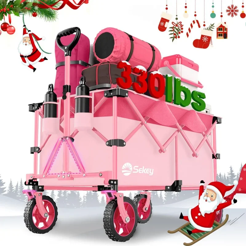 220L Collapsible Foldable Wagon with 330lbs Weight Capacity, Heavy Duty Folding Wagon Cart with Big All-Terrain Wheels & Drink H