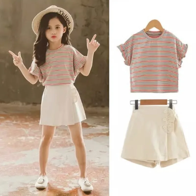 Trendy Girls Clothes Summer Strip Petal Sleeve T-Shirt & Shorts 2 Pieces Set Young Girl Elegant Outfit Casual Wear Suit