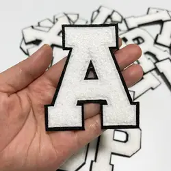 White Chenille Embroidered Letters Iron On Patch Applique For Clothing Bags Diy Name Badge Alphabet Patches Accessories