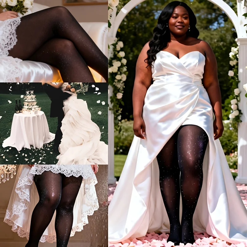 Paar sexy schwarze, perlglitzernde, transparente, dünne Strumpfhosen für Damen in Übergröße, hochtailliert, rutschfest, mit hoher Elastizität im Schritt.