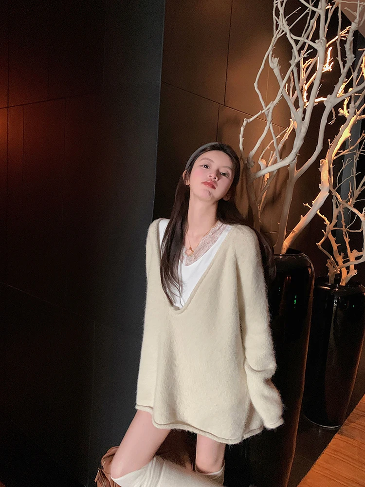 

Свободный вязаный свитер миди с V-образным вырезом для женщин, осенне-зимняя верхняя одежда, удобный повседневный теплый топ с длинными рукавами