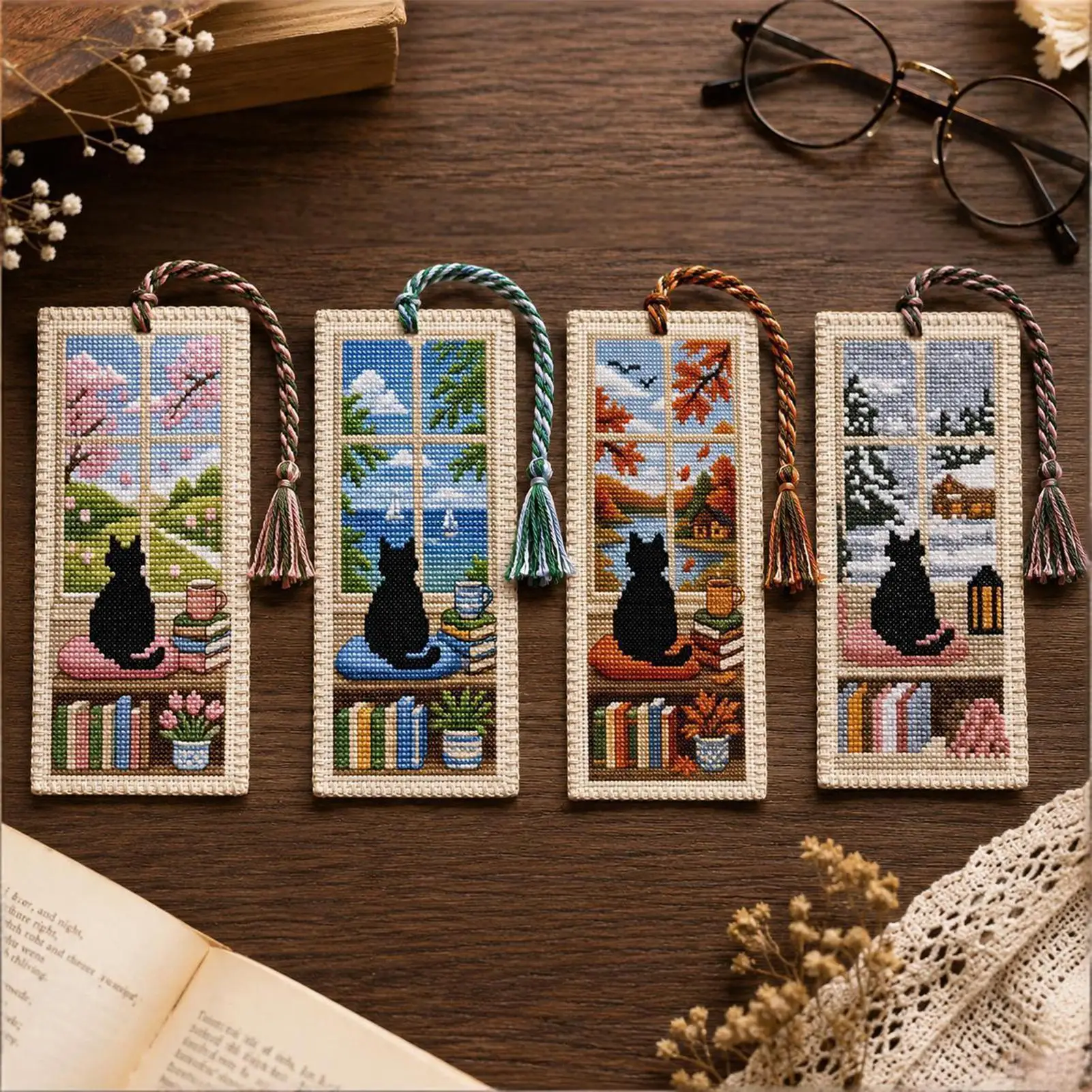 

Cat Bookmark Four Seasons Cat Cross Stitching Reading Companion Embroidery Page Marker For Teachers Bookworms Women Readers