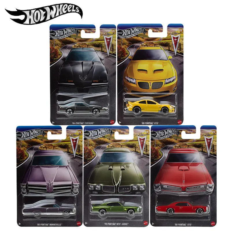 Hot Wheels GRT01 Silver Series Pontiac Set de 5 Autos a Escala 1:64, Firebird GTO Judge Bonneville Coleccionable