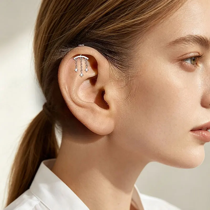 1 Stück/Set 316L Stahl Innengewinde-Ohrstecker mit Kupfer-Dreifachkette und Zirkonia-Anhänger, Helix-Lippenpiercing, Unisex, Trendig – Detail 7