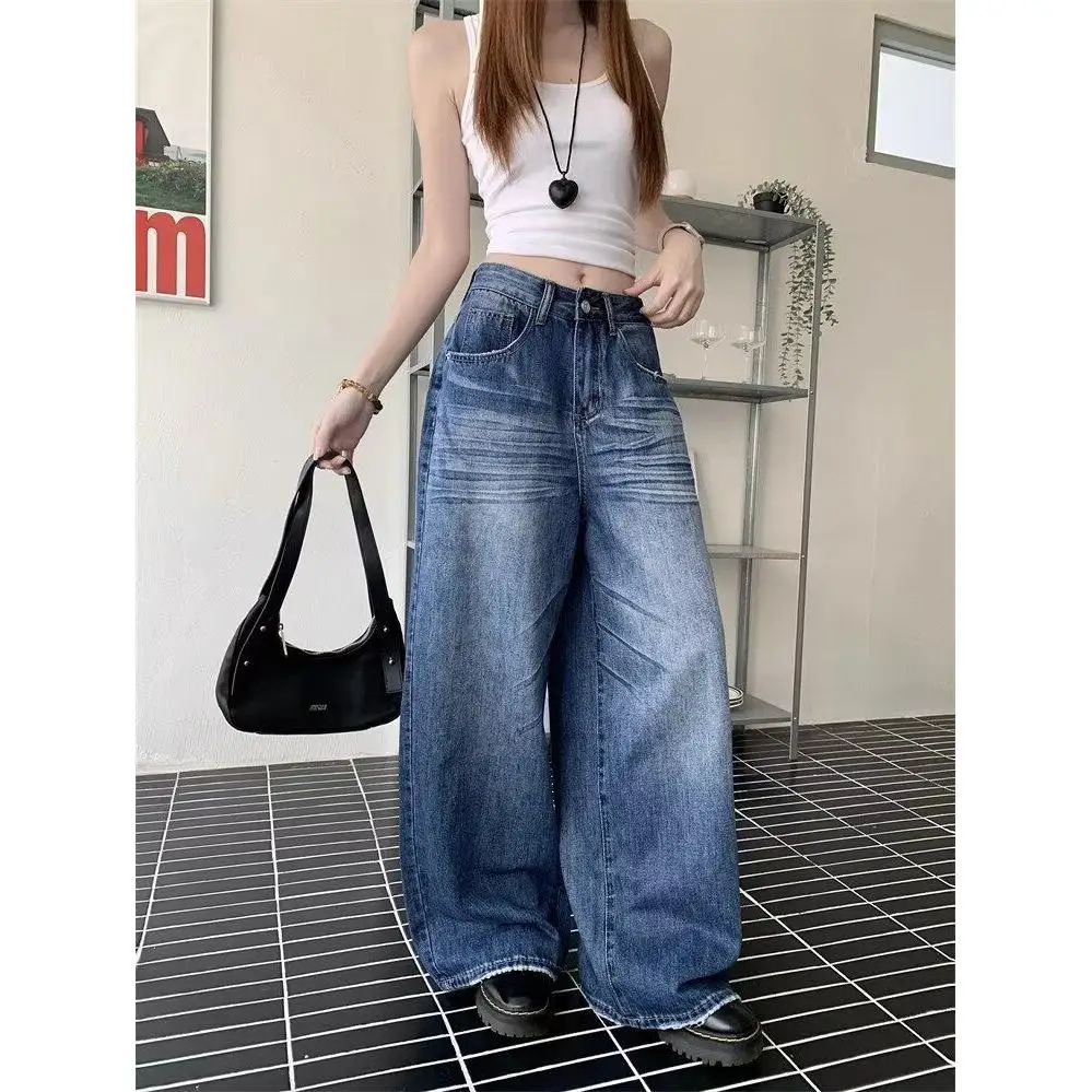 

Retro Blue Straight Leg Jeans Women's Loose Wide Leg Pants High Waist Straight Cut Casual Cotton Denim Trousers for Spring Au...