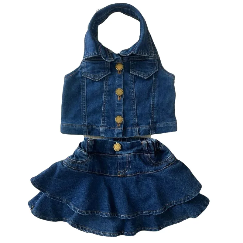 2025-new-net-red-hanging-neck-top-foreign-fashionable-ruffled-children's-short-skirt-two-piece-set-girl's-summer-suit