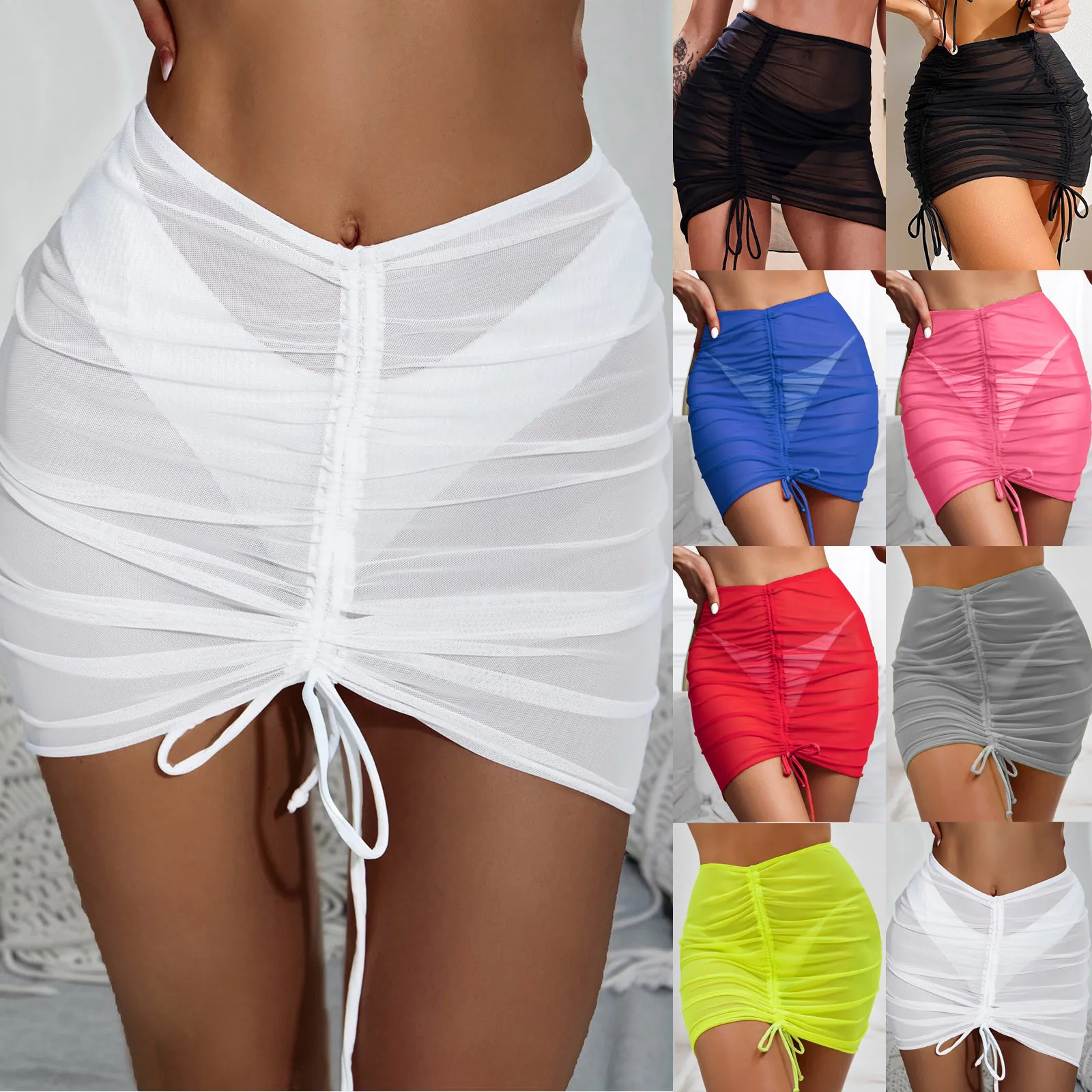 Sexy Women Solid Pareo Beach Bikini Cover Up Wrap Skirt Sarong Beachwear Mesh Drawstring Cover Up Skirt Dropshipping