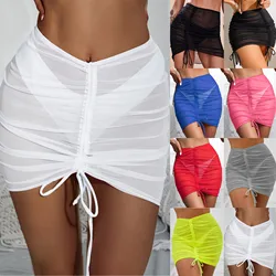 Sexy Women Solid Pareo Beach Bikini Cover Up Wrap Skirt Sarong Beachwear Mesh Drawstring Cover Up Skirt Dropshipping