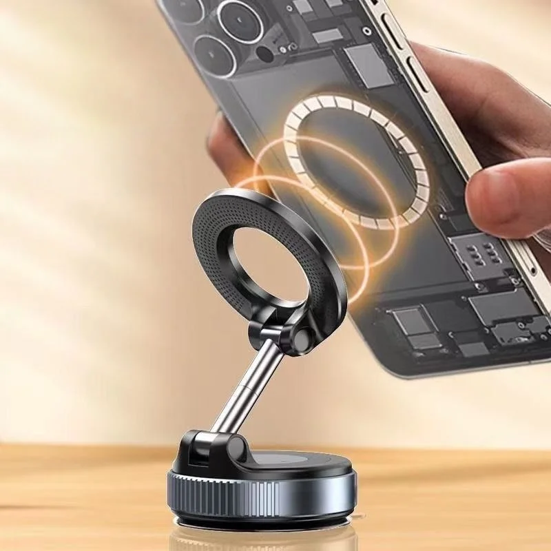 Vacuum Magnetic Car Phone Holder 3-Axis Adjustable Foldable Mount for iPhone Android Dashboard Navigation Stand No Glue