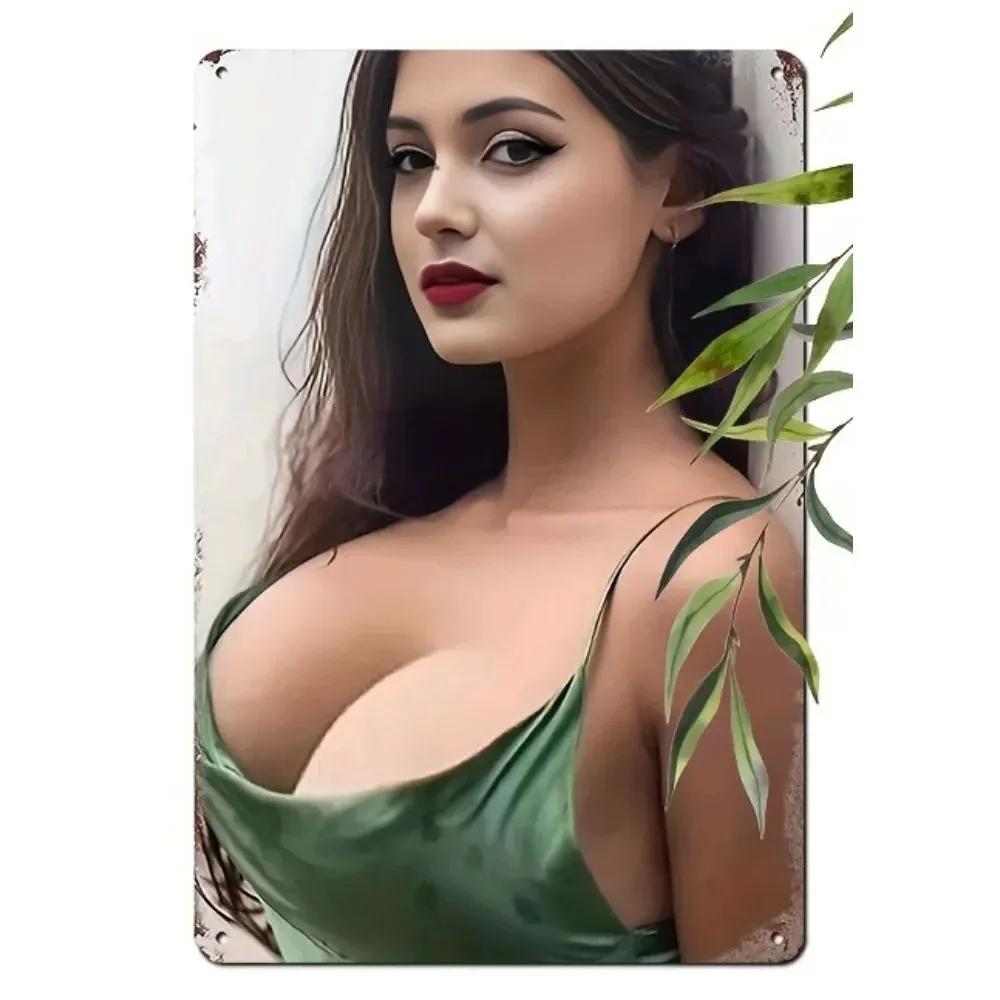 2D Flat American Blonde Green Silk Camisole Tin Sign - Wall Decor for Bedroom Cafe Pool Area Waterproof Gift