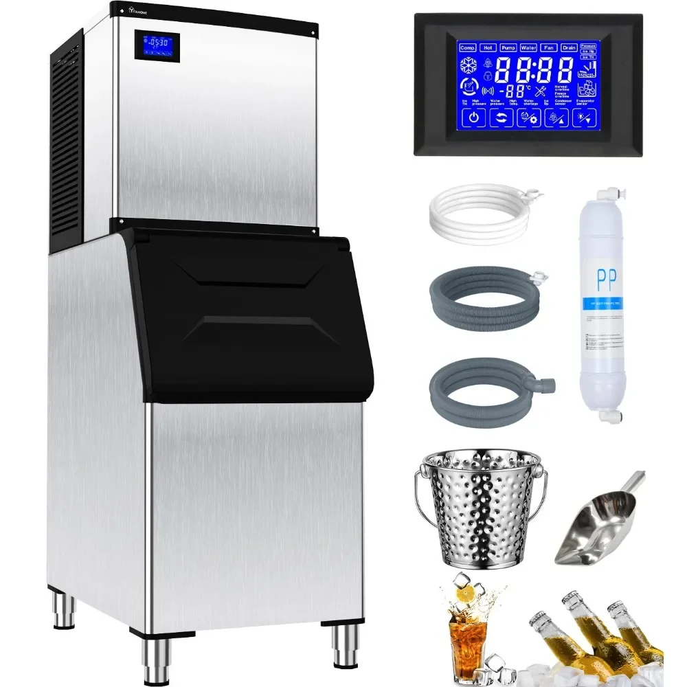 XMSJ Commercial Ice Maker Machine 400LBS/24H with 250 LBS Storage Bin, Industrial Ice Machine with Ice Scoop & Bucket