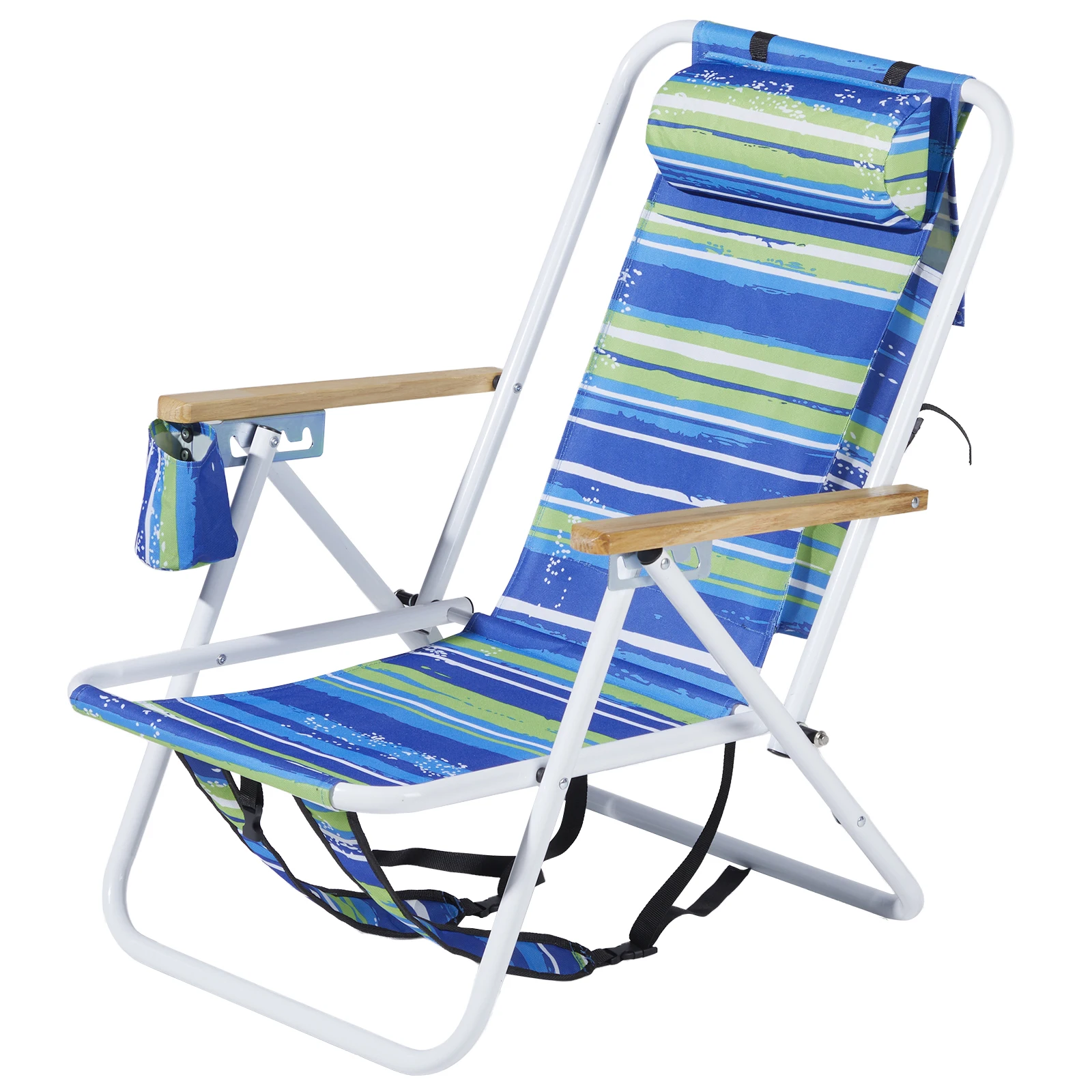 

4-Position Backpack Folding Beach Chair with Headrest, Cup Holder & Wooden Armrests, Blue & Green Stripes