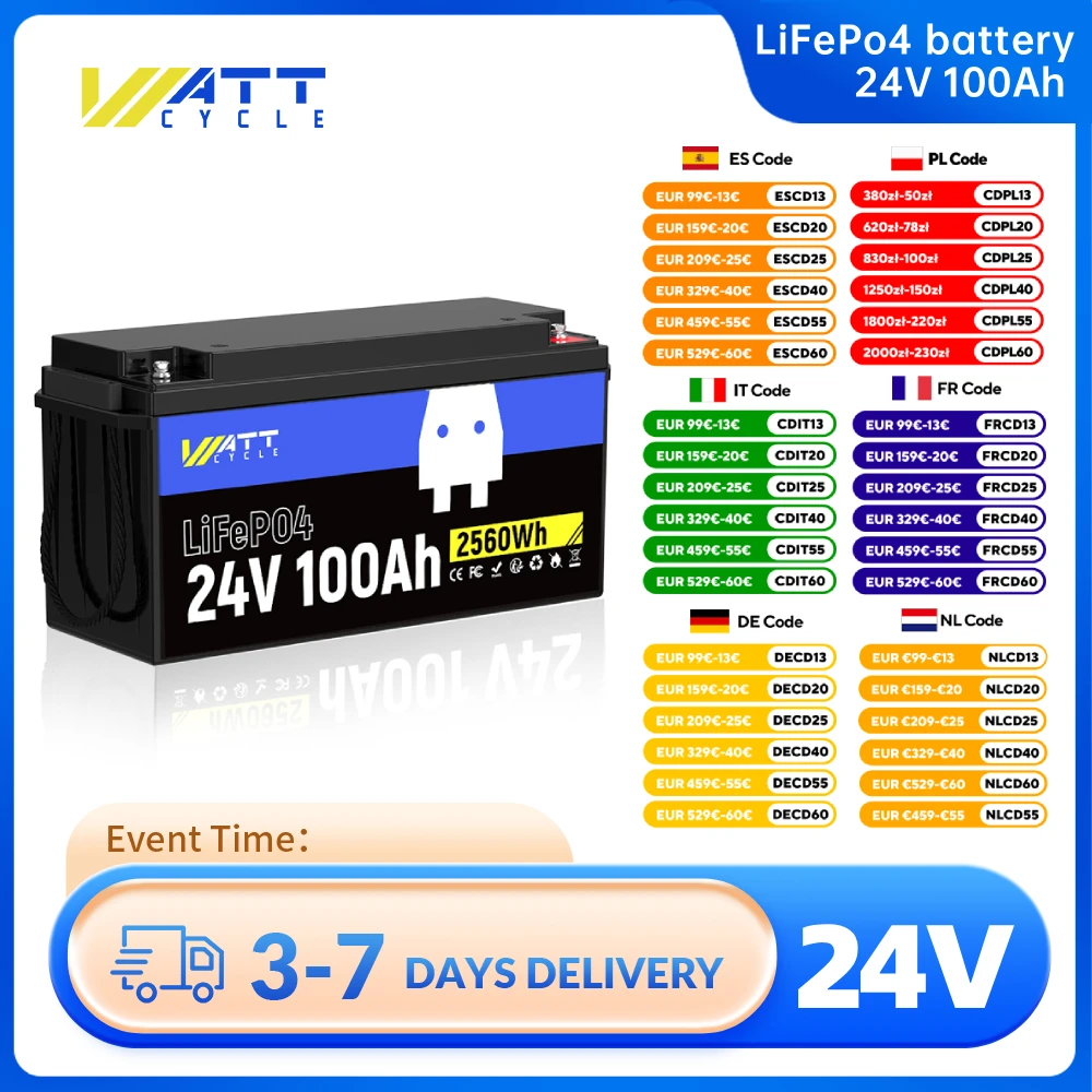 

Wattcycle LiFePO4 Lithium Battery 24V 100Ah Portable 2560Wh With BMS 100A Car Battery For RV/ Vans/ Trolling Motor/ Golf Cart