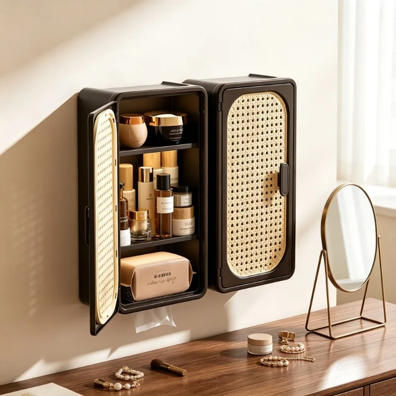 1PC Vintage Rattan Style Wall Mount Storage Box Bathroom Tissue Holder Flat Open Dustproof Multi-functional Wall Organizer Rack