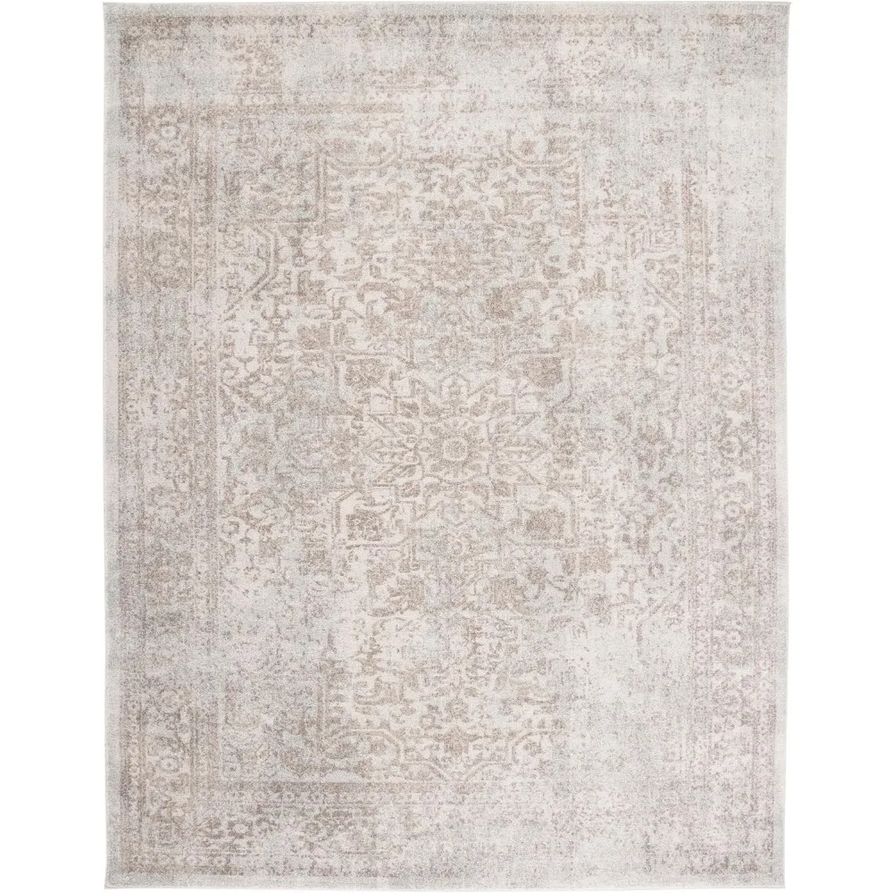 Area Rug - 8' x 10', Ivory & Taupe, Oriental Distressed Design, Non-Shedding & Easy Care