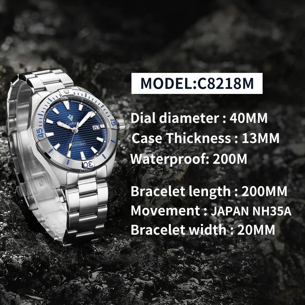 CADISEN Men Mechanical Wristwatch Japan NH35 Automatic Watch Men\'s Stainless Steel Sapphire 200M Waterproof Luminous Diver Clock