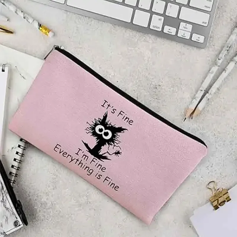 CH01 Es bien, estoy bien, todo está bien, bolsa de cosméticos con diseño de gato divertido, color rosa