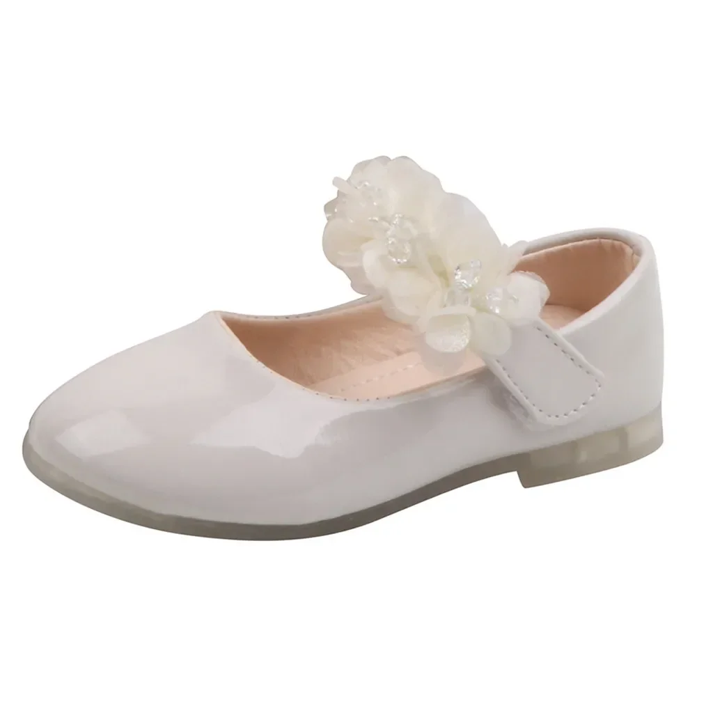 Toddler Infant Kids Girl Lace Crystal Bright Princess Party Leather Shoe Dance Shoe Solid Hook & Loop Children\'s Shoes For Girls