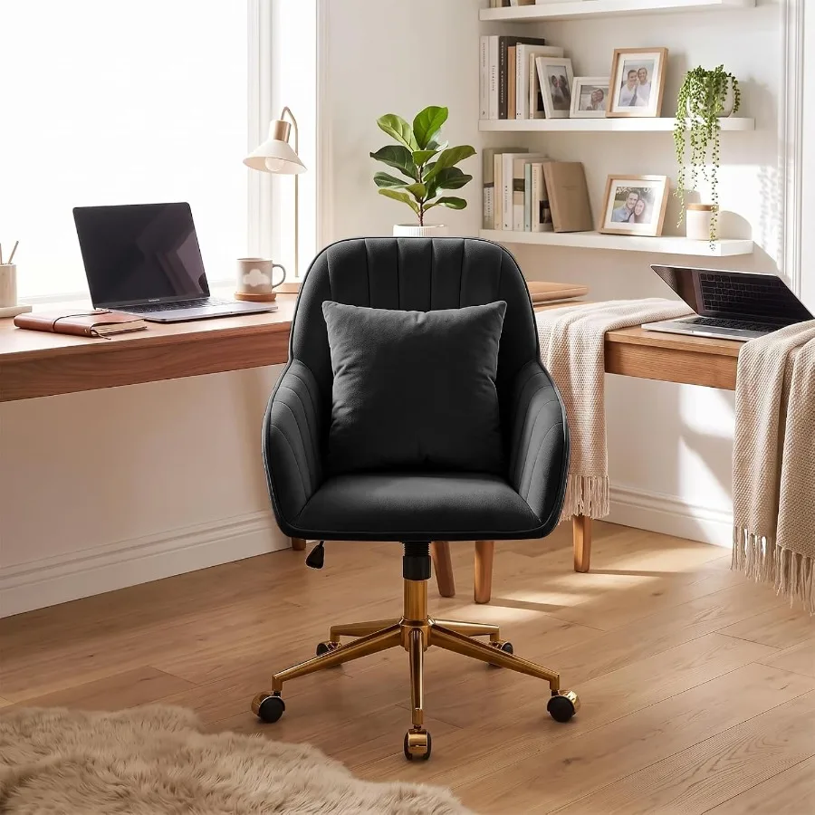 Home Office Desk Chair Comfy with Adjustable Swivel Wheels, Modern Velvet Makeup Vanity Chair with Back Pillow, Ergonomic Offic
