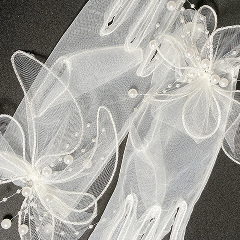 Elegante Damen Spitze Seide Bogen Handschuhe ultra dünne dehnbare transparente Tüll Handschuhe schwarz weiß Fäustlinge Braut Hochzeit Abschluss ball