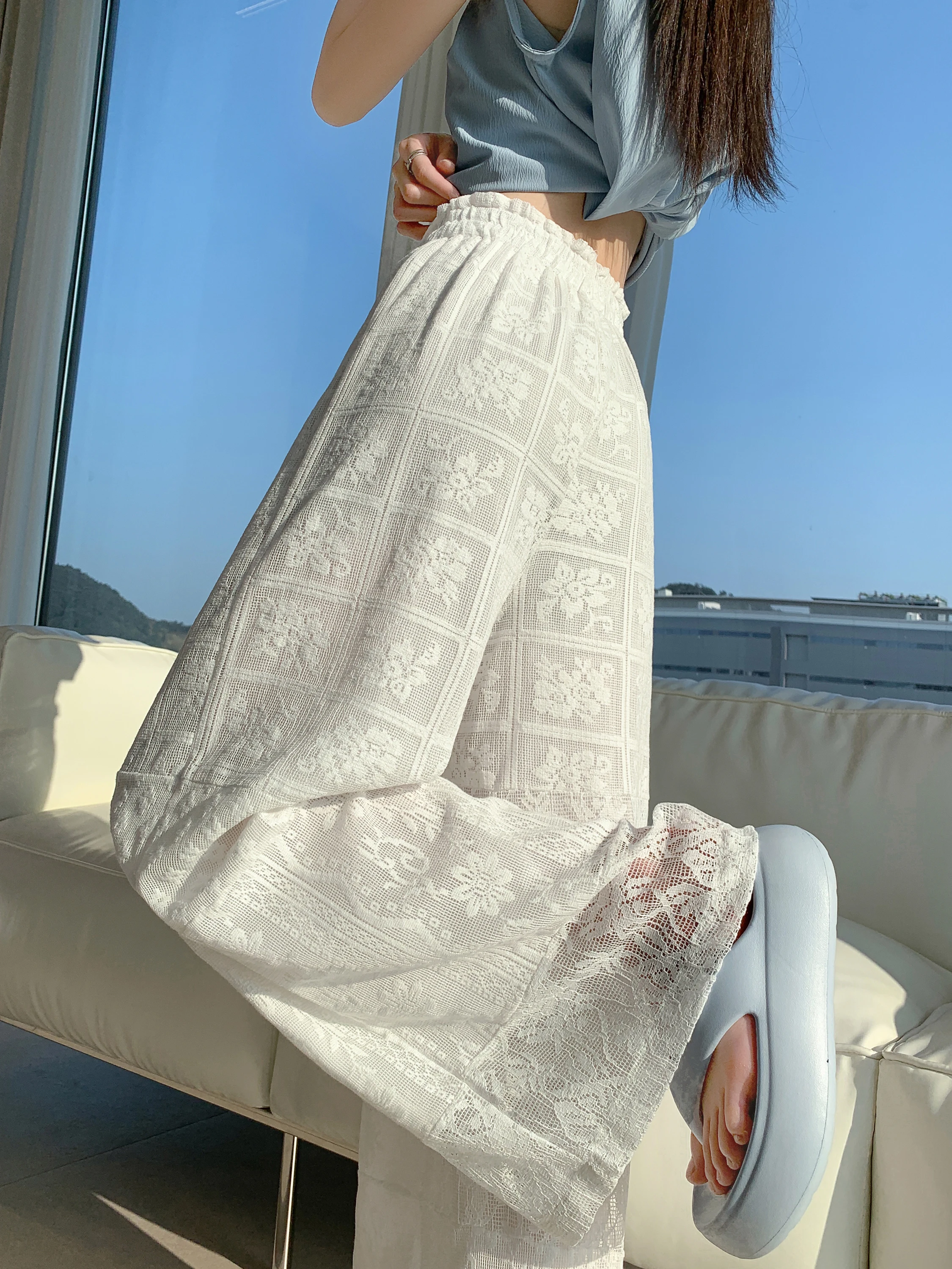 

White Lace Embroidery Hollow Thin Women's Summer Loose Slimming Wide Leg Pants Casual Versatile Long Pants High Waist Elastic