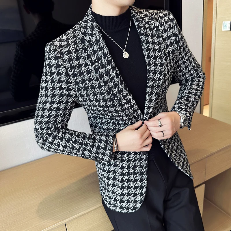 Blazer à Carreaux pour Homme, Veste Imbibée, Coupe Cintrée, Smoking de Haute Qualité, Mode d\'Affaires, Vêtements de Banquet, Automne et Hiver 2023
