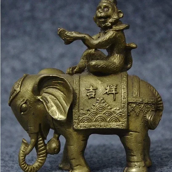 Fengshui Chinese Brass Copper folk Monkey Hold Seal Ride JiXiang Elephant Statue