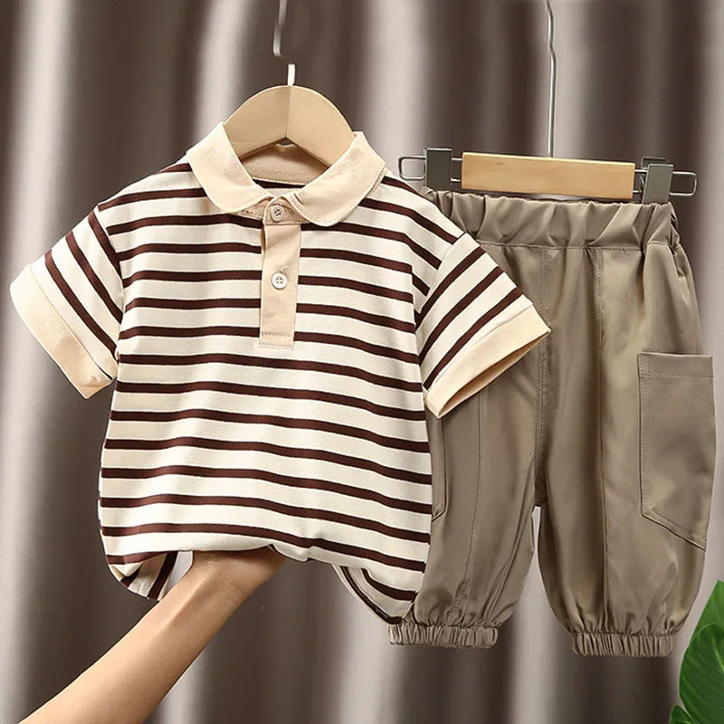 

2Piece Summer Boys Clothing Korean Kids Clothes Fashion Casual Stripe Short Sleeve Cotton Baby Tops+Shorts Children's Sets B136