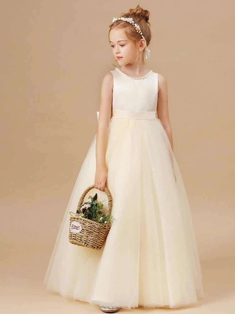 Champagne Sleeveless Flower Girl Dress V Back Pearl Big Bow Tulle Long Backless Gown Kids Wedding Pageant Birthday Party Dress