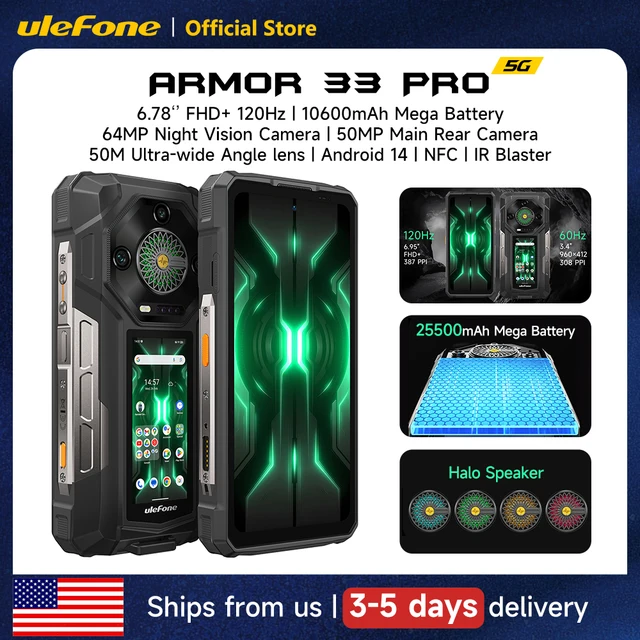 Ulefone Armor 33 Pro 5G Rugged Phone 25500 mAh 512GB ROM 120Hz 6.59”3.4" Rear Screen NFC Android Smartphone Ulefone Armor 33 Pro 5G Rugged Phone 25500 mAh 512GB ROM 120Hz 6.59”3.4" Rear Screen NFC Android Smartphone