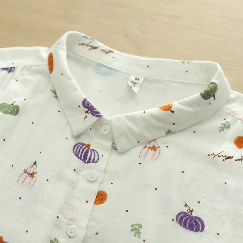 

New 2026 Summer Women Cotton Yarn Half Sleeve Shirt, Turn-down Collar Print, Mori Girl Fashion Casual Thin Loose Blouse T65454CC