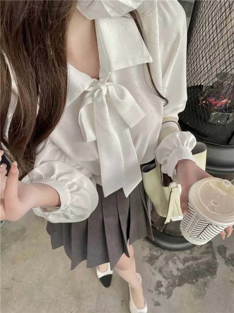 White Casual Shirts Women French Style All-match Office Ladies Bow Buttons Long Lantern Sleeve Tops Loose Daily Aesthetic Chic